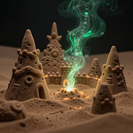 Photograph of a sandcastle village with conical towers, circular doorways, and a glowing, green, ethereal wave rising from a central fire