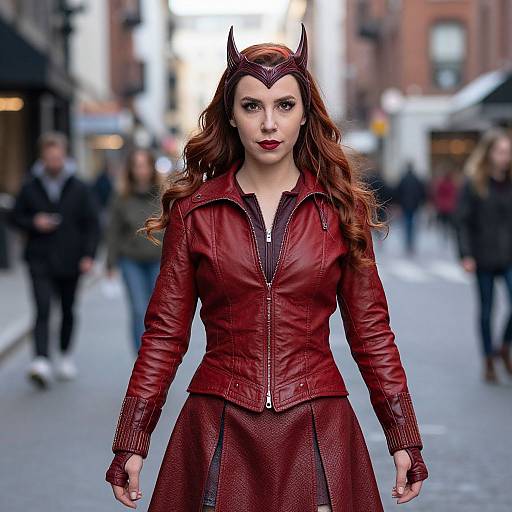 Photograph of a woman with long red hair, wearing a red leather superhero outfit and headpiece, standing on a blurred urban street.
