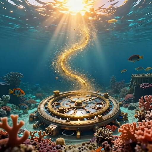 Photorealistic CGI of an underwater scene with a glowing, sunlit spiral path descending from the surface to a detailed, golden ship's wheel surrounded by