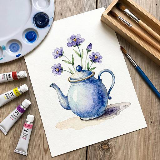 Watercolor Painting of Blue Teapot with Purple Flowers