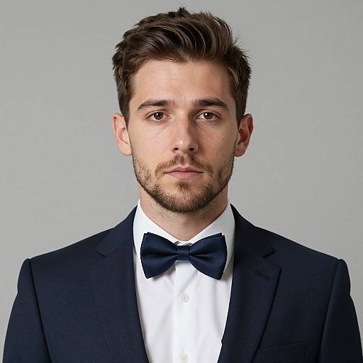Photograph of a handsome, young white man with short brown hair and beard, wearing a black suit, white shirt, and black bow tie, against