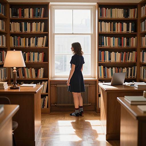 Photograph of a curly-haired woman in a black dress and striped socks, standing in sunlit library, surrounded by bookshelves.