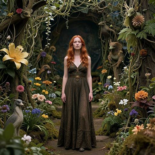 Photograph of a red-haired woman in a dark brown, sleeveless dress standing in a lush, fantastical garden with colorful flowers, birds, and