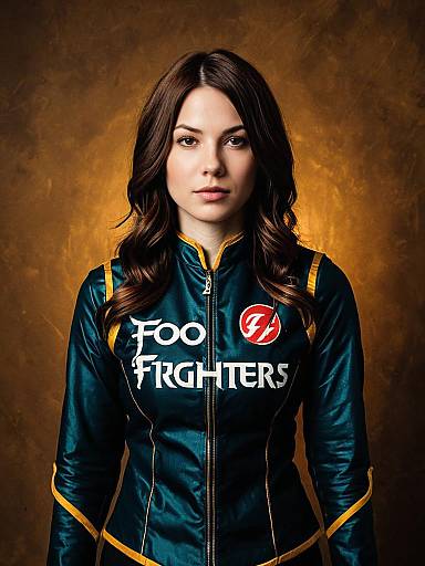 Photograph of a young woman with long brown hair, wearing a dark blue, zip-up superhero suit with 