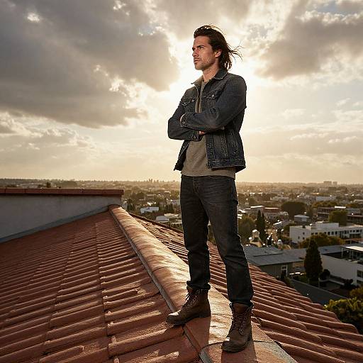 Photograph of a young man with long dark hair, standing on a rooftop, wearing a denim jacket, grey shirt, and black jeans, gazing