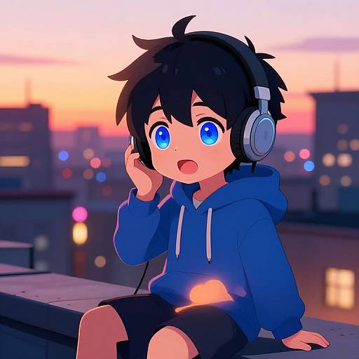 Anime-style drawing of a cute, black-haired boy with large blue eyes, wearing a blue hoodie and headphones, sitting on a rooftop at sunset, city