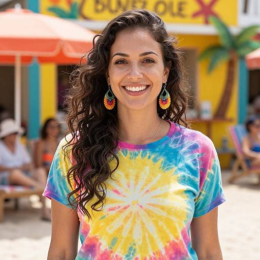 Photograph of a smiling woman with long curly brown hair, wearing a colorful tie-dye shirt and vibrant feather earrings, standing in front of a bright