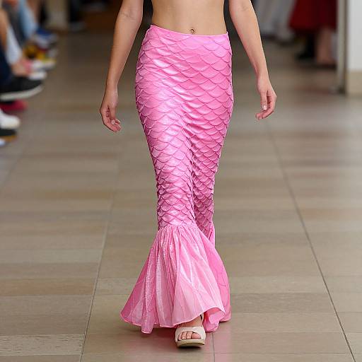Photograph of a model in a bright pink, scale-patterned mermaid-style skirt and white sandals, walking down a tiled runway.