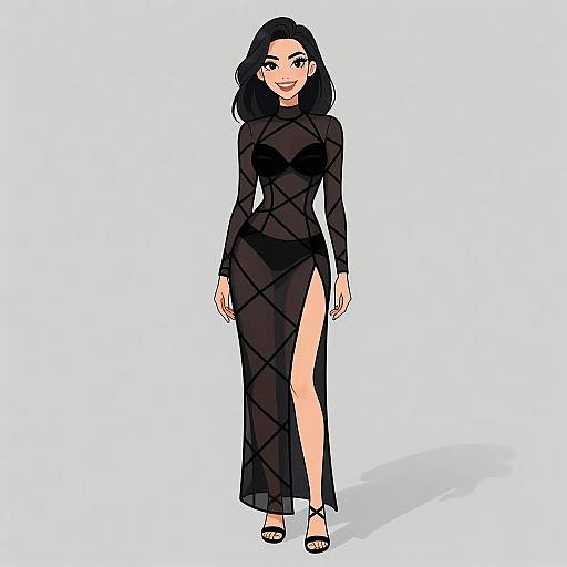 Digital illustration of a smiling woman with long black hair, wearing a sheer black dress with a high slit, standing against a white background.