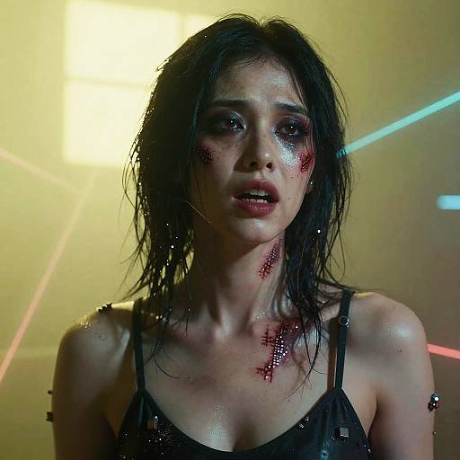 Cyberpunk Horror Portrait with Pixelated Scars