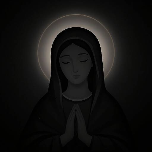 Digital illustration of a dark-haired, serene woman with closed eyes, praying hands, and a glowing halo, set against a black background.