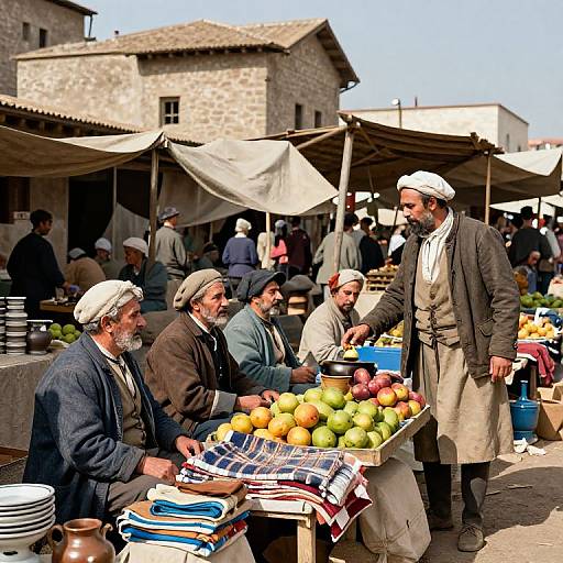 Photograph of a bustling outdoor market with elderly men in traditional clothing, selling fruits and goods under canvas tents in a sunlit stone village.