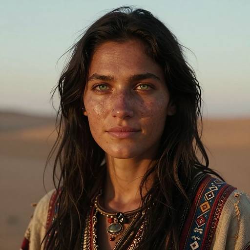 Photograph of a freckled, green-eyed woman with long, wet, dark brown hair, wearing traditional, patterned clothing, standing in a