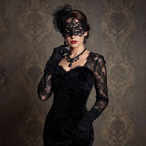 Gothic elegance: A woman in a black lace mask, dress, and feathered headpiece, with red lipstick, stands against a dark,