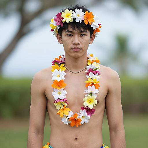Photograph of a young Asian man with short black hair, wearing a vibrant flower lei and necklace, standing outdoors against a blurred green and brown background.