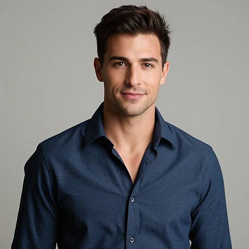 Photograph of a handsome young man with dark brown hair, light skin, and a subtle smile, wearing a dark blue, button-up shirt against a