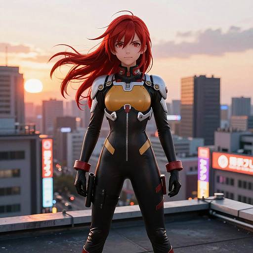 Digital anime-style illustration of a red-haired woman in a black and yellow bodysuit, standing confidently on a rooftop at sunset with a cityscape in