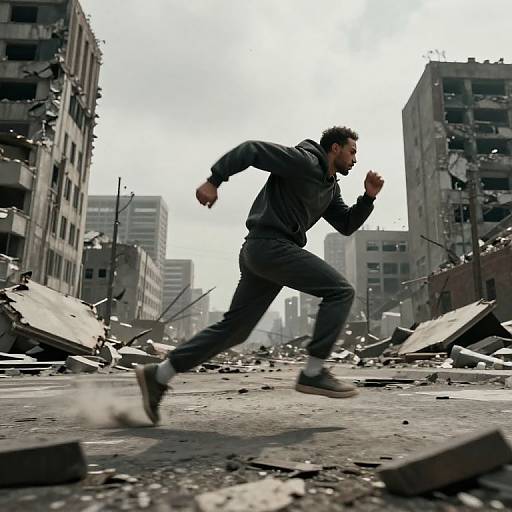 Photograph of a man in dark clothing running through a war-torn, rubble-filled urban street between damaged, crumbling buildings.