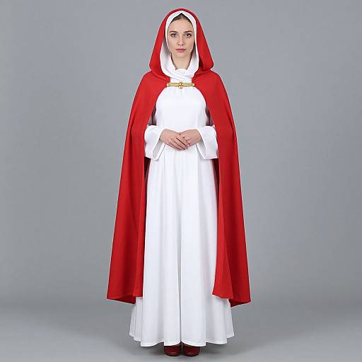 Photograph of a woman in a white dress and red hooded cloak, standing against a gray background, hands clasped.