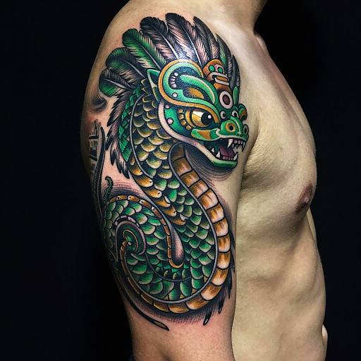 Photograph of a muscular shirtless man with a vibrant, colorful dragon tattoo on his upper arm, featuring green scales, black feathers, and intricate details