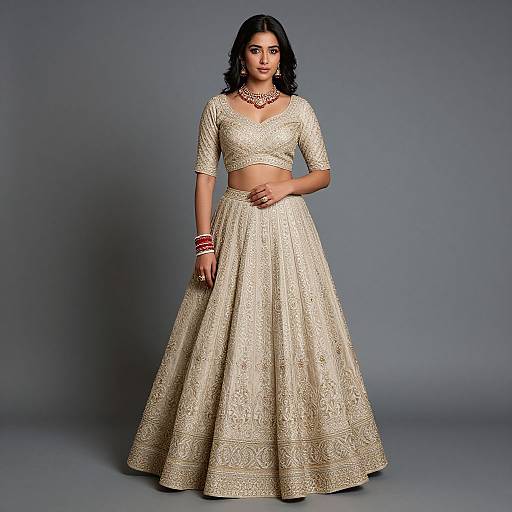 Photograph of a dark-haired woman in an ornate, cream-colored, traditional Indian outfit with a crop top and full skirt, against a gray backdrop