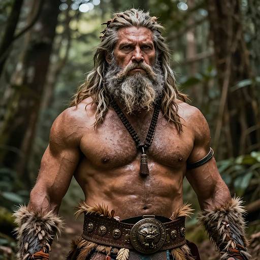 Photograph of a muscular, bearded man with long, wild gray hair, wearing fur loincloth and arm bands, standing in a dense forest