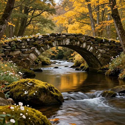 Photograph of a stone arch bridge over a flowing stream, surrounded by autumn trees with yellow leaves, moss-covered rocks, and white wildflowers.