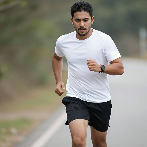 Photograph of a muscular, dark-haired man jogging on a road wearing a white t-shirt and black shorts, with a focused expression.