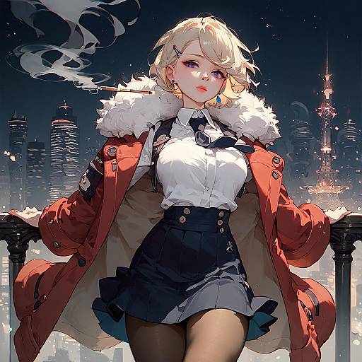 Anime-style digital illustration of a blonde woman with short hair, red coat with fur collar, white blouse, black skirt, and earrings, standing on a