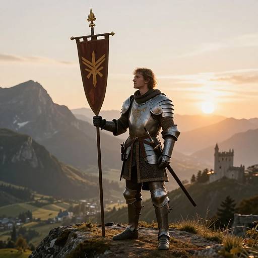 Medieval knight in silver armor with a tall shield stands on a rocky hill at sunset, mountains and castle in background. Photorealistic digital art.