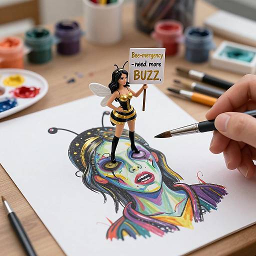 Photograph of a hand holding a paintbrush near a colorful, surreal bee-themed drawing of a woman, with a bee figurine holding a 