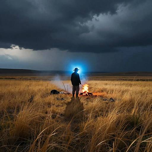 Nomad at Campfire in Stormy Prairie