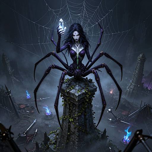 Digital artwork of a dark, spider-like woman with black hair, white face, holding a glowing crystal, standing on a mossy pillar, surrounded by