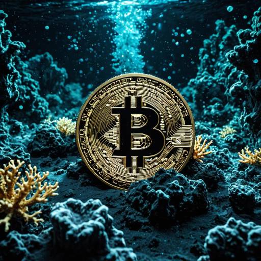 Underwater Bitcoin Gold Coin with Bioluminescent Coral