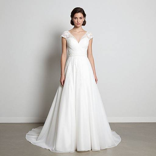 Photograph of a young woman with fair skin and dark hair in an elegant, white, lace-trimmed wedding dress, standing against a plain white