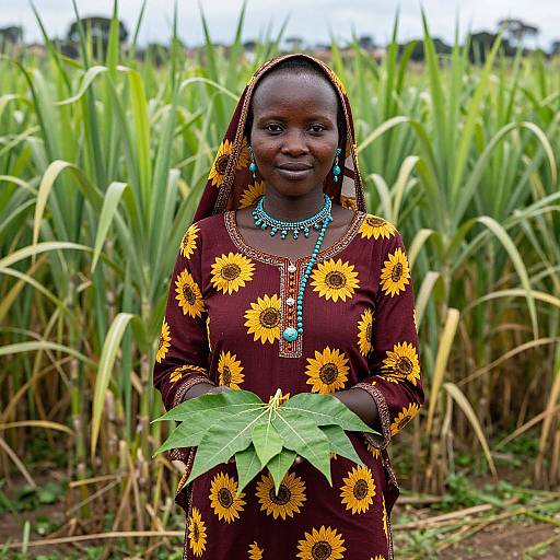 Woman in Sunflower Attire Amidst Sugarcane Fields