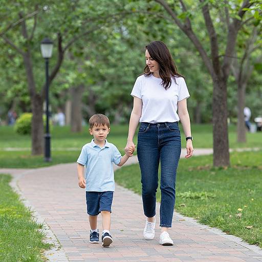 Photograph of a brunette woman in a white shirt and blue jeans, holding hands with a young boy in a light blue polo and shorts, walking on