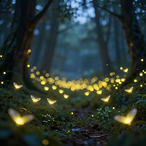 Photograph of a mystical forest at twilight, illuminated by numerous glowing, yellow fireflies with delicate butterfly-like wings, creating a magical pathway through the dark