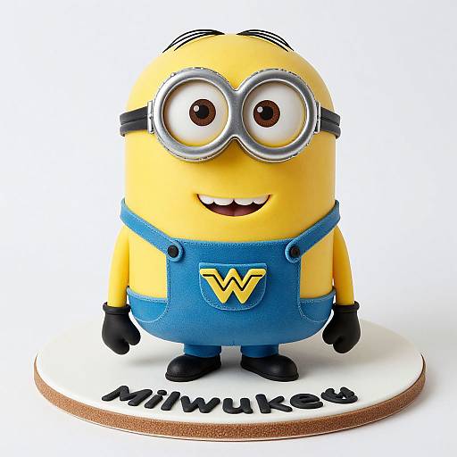 Photograph of a Minion-style Minion cake: yellow body, blue overalls with 
