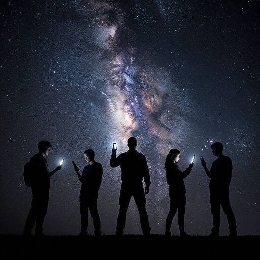 Silhouetted group of five people holding smartphones against a stunning, starry Milky Way galaxy backdrop. Photograph captures their dark silhouettes against the