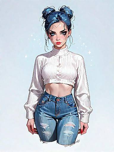 Stylish Woman in Cropped Cardigan and Distressed Jeans