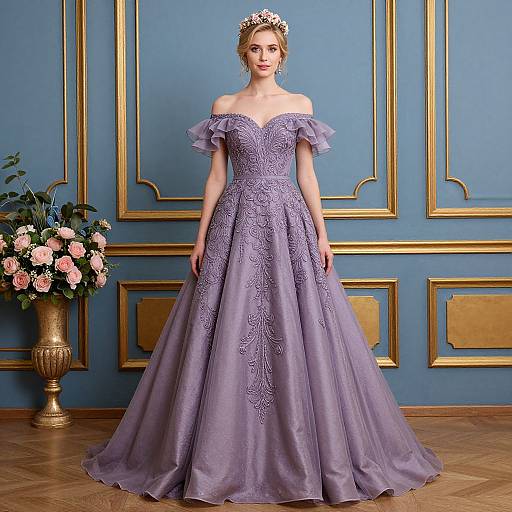 Photograph of a fair-skinned woman with blonde hair in an off-shoulder, lavender, intricately embroidered ball gown, wearing a tiara
