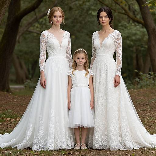 Photograph of three women in white lace wedding dresses, standing in a forest; two adults with long hair, one child with a tiara.