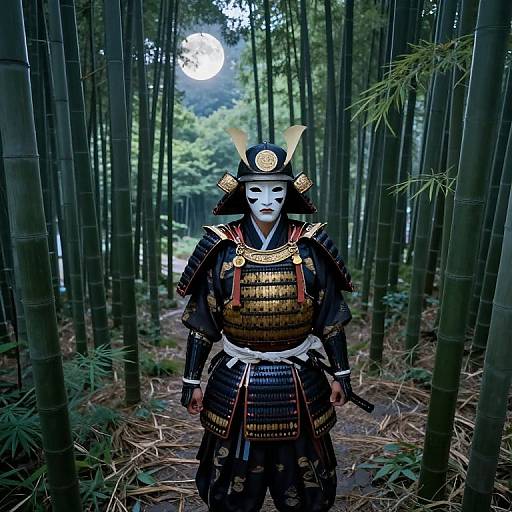 Photograph of a Japanese samurai in detailed armor standing in a bamboo forest at night, with a full moon in the background.