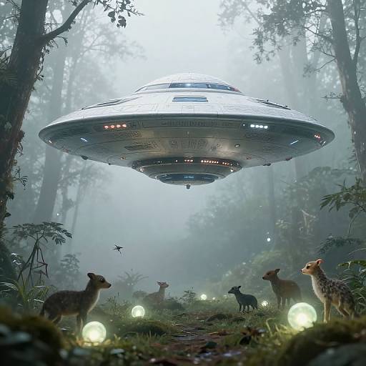 Photorealistic CGI: Alien saucer hovering over misty forest, glowing orbs on ground, diverse deer and antelope standing, foggy background.