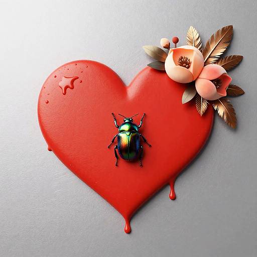 Red Heart with Peach Flowers and Beetle