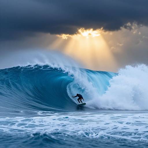 Photograph of a surfer riding a massive, blue-capped wave under a dramatic, cloud-filled sky with sunlight breaking through.