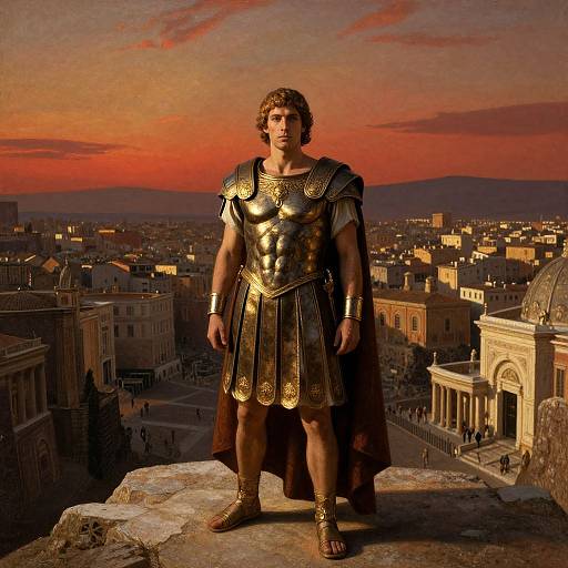 Photograph of a muscular man with curly brown hair, wearing a golden Roman gladiator armor and cape, standing on a rocky ledge overlooking a sunset-l