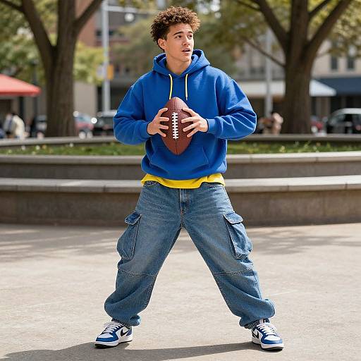 Photograph of a young man with curly hair, wearing a blue hoodie, yellow shirt, blue cargo pants, and white sneakers, holding an American football
