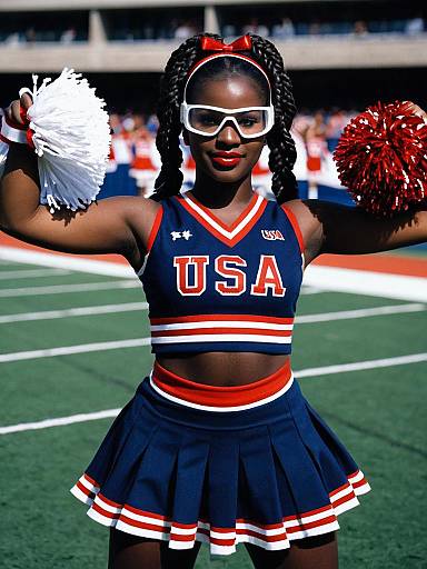 Dark-Skinned Cheerleader in USA Costume
